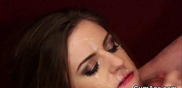  Wacky honey gets sperm load on her face eating all the jizm